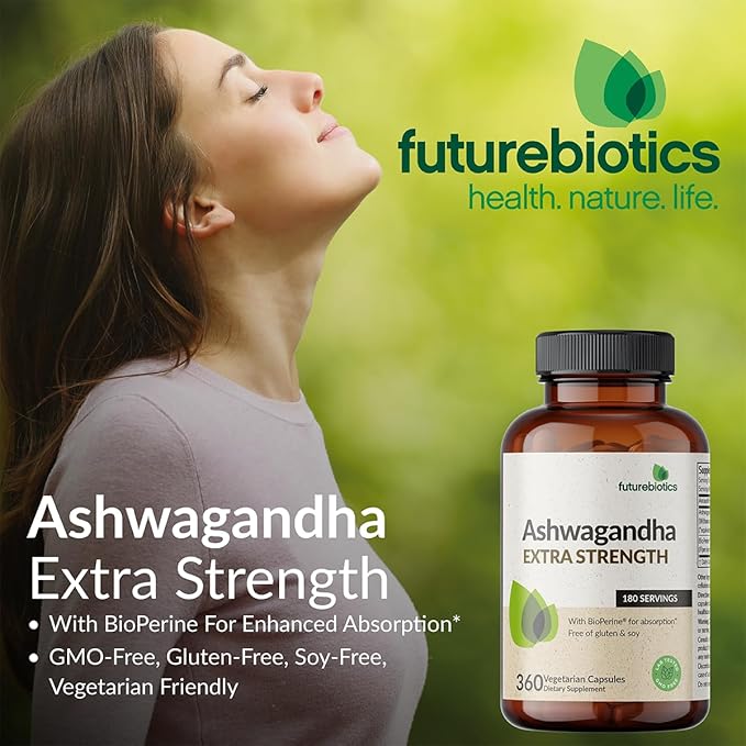 Futurebiotics Ashwagandha Extra Strength Stress & Mood Support with BioPerine - Non GMO Formula, 200 Vegetarian Capsules