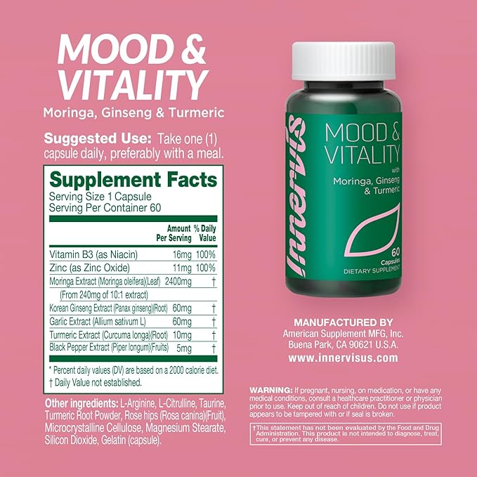 Mood & Vitality Supplement for Women – Energy, Focus & Balance | with Moringa, Korean Ginseng, Garlic, L-Arginine, L-Citrulline, Zinc & Vitamin B3 | 60 Capsules