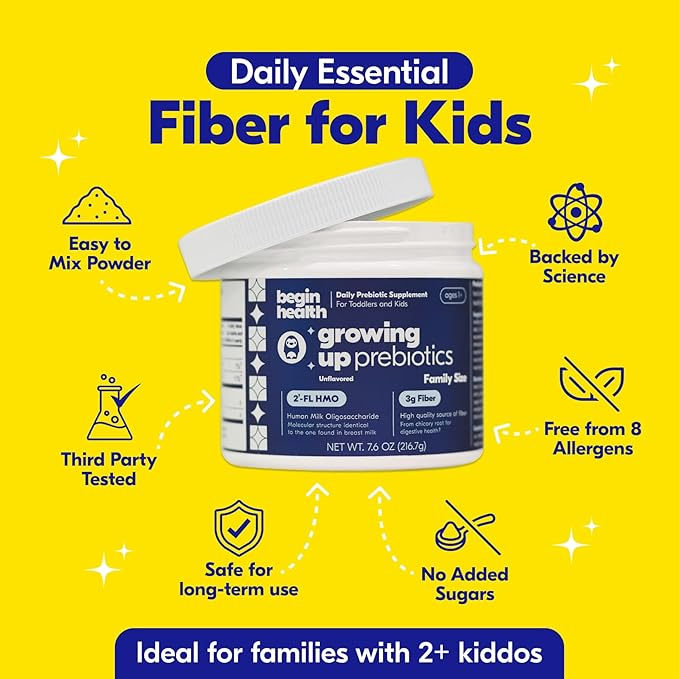 Begin Health Growing Up Prebiotics for Kids | Daily Prebiotic Fiber Supplement with 2'-FL HMO | Supports Regularity & Gut Health | Unflavored Powder | Ages 1+ | 56 Servings