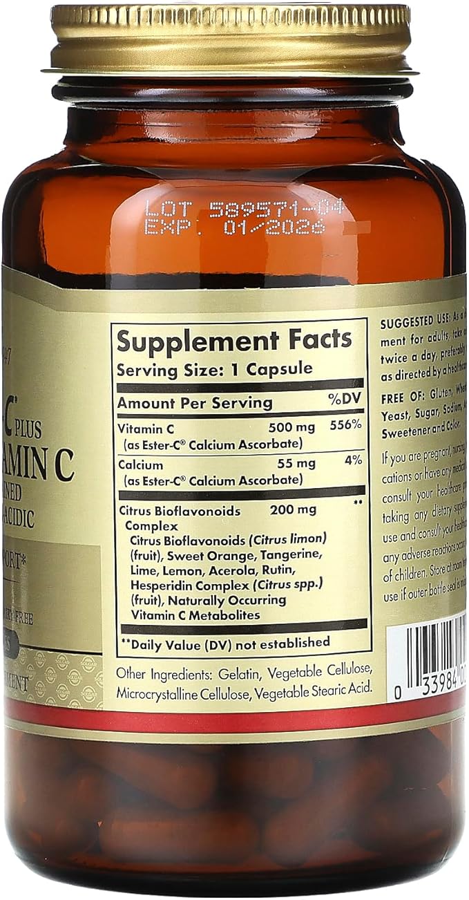 Solgar Ester-C Plus 500 mg Vitamin C with Citrus Bioflavonoids - 90 Capsules - Gentle & Non Acidic, Well Retained - 24-Hour Immune Support - Non-GMO, Gluten Free - 90 Servings