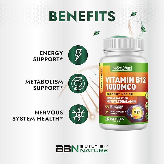 Built by Nature Vitamin B12 1000 mcg Methylcobalamin - Extra Strength Fast Dissolve Soft Gels for Energy Metabolism & Nervous System Health - Non GMO -1 Year Supply - 360 Softgels