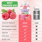 MEENCCD Vitamin B2 Gummies Riboflavin 400mg Supplement with Magnesium for Kids & Adults, B2 Gummies for Migraine Relief & Nervous System Support, Vegan, Sugar-Free, Raspberry Flavor, 60 Count