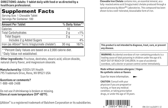 Klaire Labs SFI Health Chewable Iron Chelate - 30 Milligrams Elemental Iron, Easy on The Stomach & Hypoallergenic, Natural Cherry Flavor (100 Tablets)