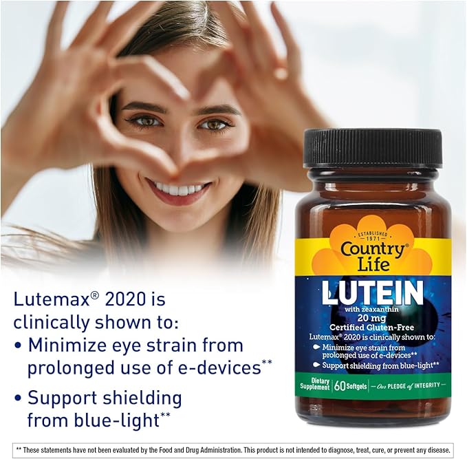 Country Life Lutein 20 mg Supplement - Certified Gluten-Free - Eye Health Support with Lutein and Zeaxanthin - Reduces Eye Strain from Screens - No Yeast, Corn, Wheat, Milk - 60 Softgels
