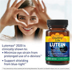 Country Life Lutein 20 mg Supplement - Certified Gluten-Free - Eye Health Support with Lutein and Zeaxanthin - Reduces Eye Strain from Screens - No Yeast, Corn, Wheat, Milk - 60 Softgels