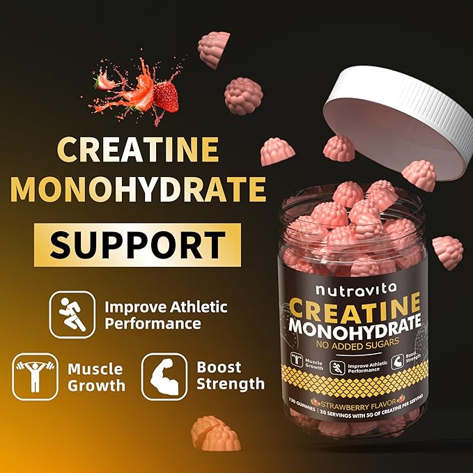 Nutravita NSF Certified Creatine Gummy - Creatine Monohydrate Gummies for Men & Women-5g of Creatine Monohydrate per Serving - Sugar Free,Vegan, Strawberry Flavor, 120 Count