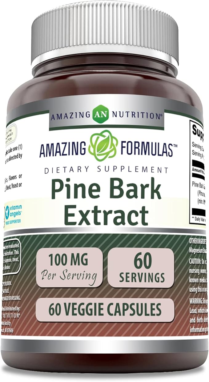 Amazing Formulas Pine Bark Extract 100 Mg | Vegetarian Capsules Supplement | Non-GMO | Gluten-Free | Non-GMO | Gluten-Free | 1 Pack | 60 Count