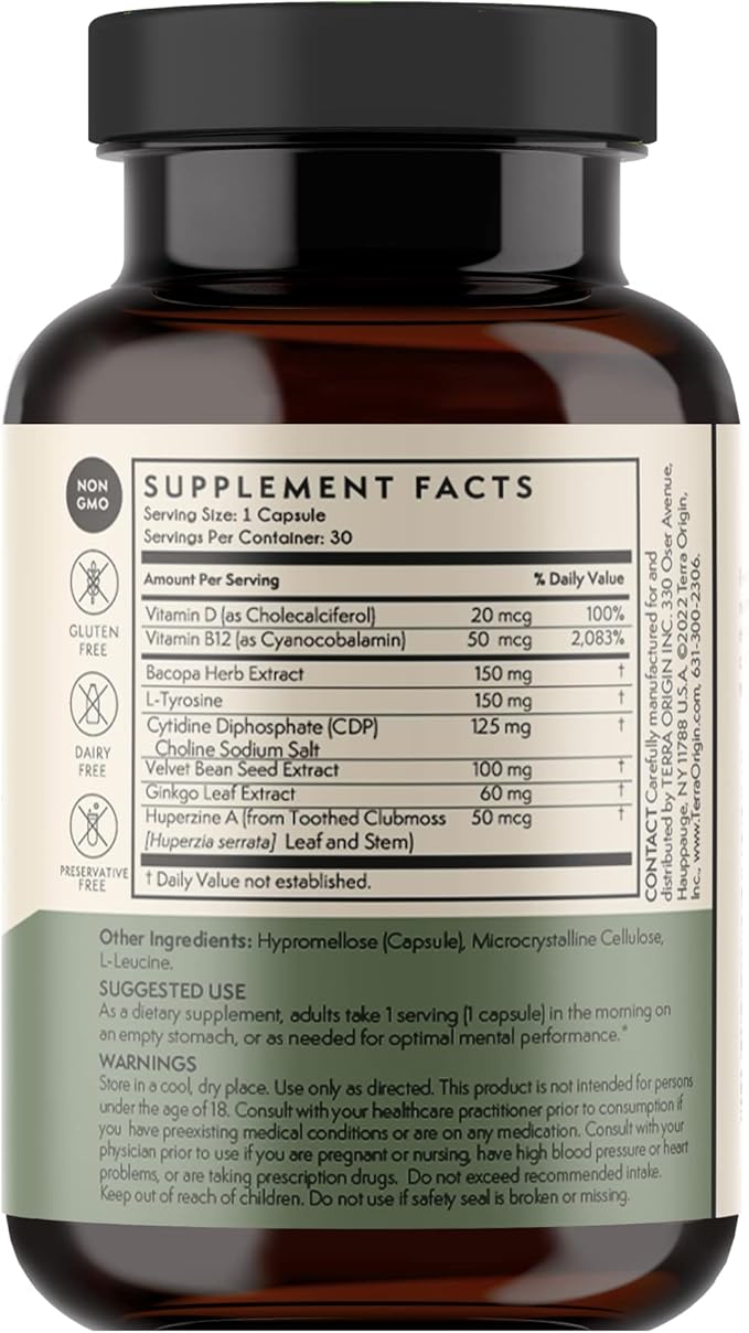 TERRA ORIGIN Healthy Mind and Memory Support Supplement | Cognitive Memory Matrix | Nootropic CDP, Bacopa, L-Tyrosine, Huperzine A, Ginko, B12 | Non GMO, Gluten Free, Dairy Free | 30 Capsules