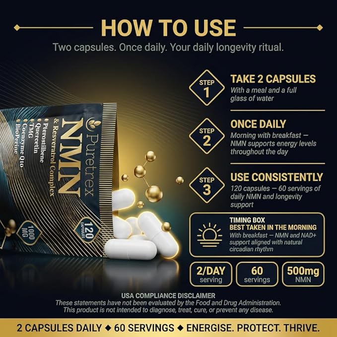 NMN & Resveratrol Complex, 1000mg, 120 Capsules, Dietary Supplement with Pterostilbene, Quercetin, TMG, Coenzyme Q10, BioPerine