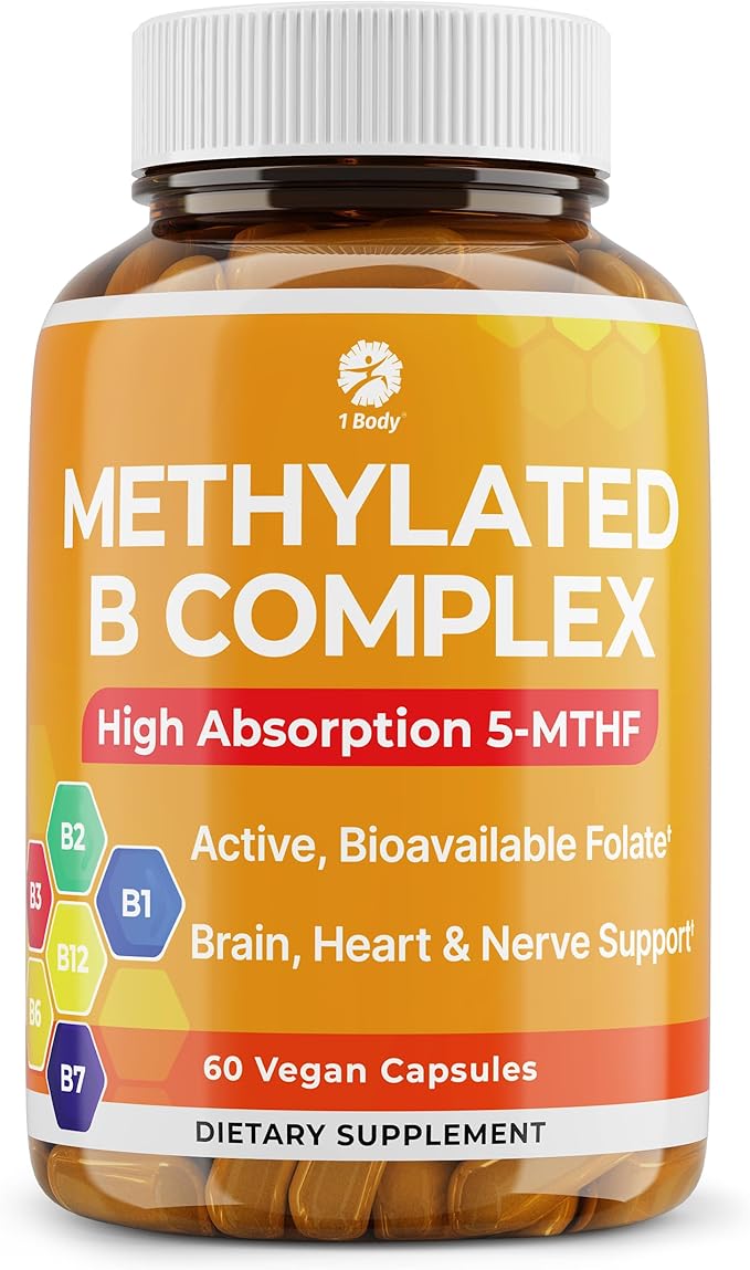 1 Body Methylated B Complex with 5-MTHF & Methyl B12 (Methylcobalamin) – Vitamin B Complex for Women & Men – Bioactive B Vitamins for Energy Metabolism, Brain Support & Daily Wellness – 60 Capsules