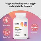 Pure Formulas Chromium 200 mcg Tablets, Glucose Metabolism Support Supplement for Daily Wellness, Non-GMO, Vegan, and Kosher, Chromium Nicotinate Glycinate for Metabolic Balance - 100 Count