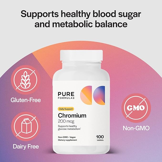 Pure Formulas Chromium 200 mcg Tablets, Glucose Metabolism Support Supplement for Daily Wellness, Non-GMO, Vegan, and Kosher, Chromium Nicotinate Glycinate for Metabolic Balance - 100 Count
