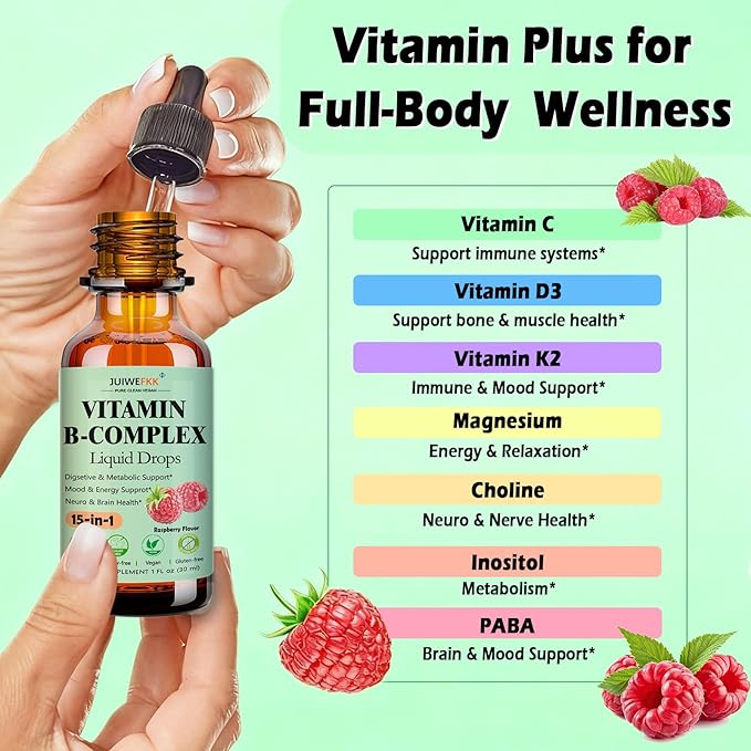 Vitamin B Complex Liquid Drops for Women Men & Kids, 15-in-1 VIT B Complex with Vitamin C B12 B6 B1 Niacin Folate Magnesium for Brain Nerve Neuropathy Energy Mood Health, Sublingual B-Complex Drops
