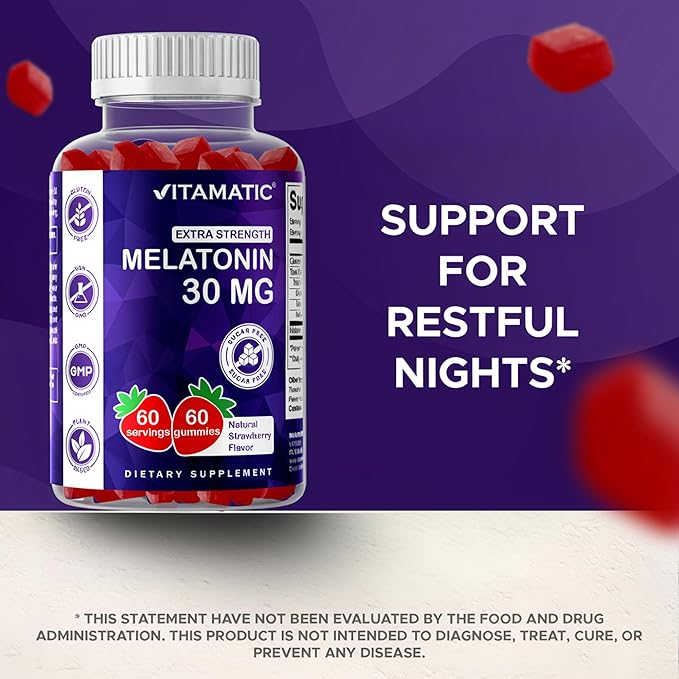 Vitamatic Sugar Free Melatonin 30mg per Gummy - 60 Servings - 60 Vegetarian Gummies - Non-Habit Forming Supplement (60 Count (Pack of 1))