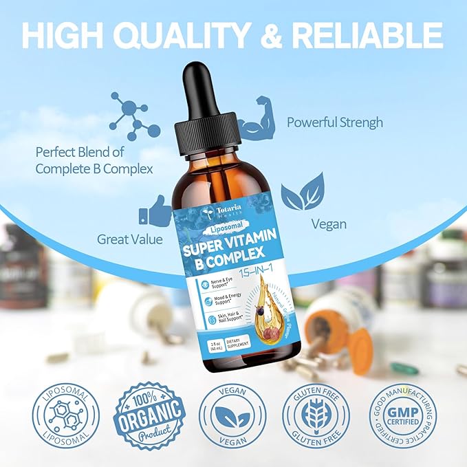 15-in-1 Liposomal Vitamin B Complex Pro, B Complex Drops with Vitamin B1, B2, B3 Niacinamide, Choline, B5, B6, B7 Biotin, Inositol, Folate, B12, Zinc, Lutein, Zeaxanthin, Taurine, Vitamin C, 2 fl oz