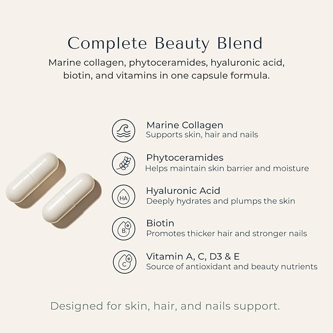 Zi-Collagen Marine Collagen Capsules for Skin, Hair & Nails – Collagen Supplement with Phytoceramides, Hyaluronic Acid, Biotin & Vitamins A C D3 E – 60 Capsules