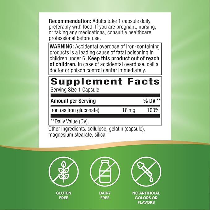 Nature's Way Iron, Promotes Healthy Red Blood Cells*, 18 mg from Iron Gluconate Per Serving, Gluten Free, 100 Capsules (Packaging May Vary)