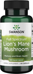 Swanson Lion's Mane Mushroom Brain Health Supplement for Professionals Seeking Mental Focus, Memory, and Clarity Support - 500 mg (60 Vegan Capsules, 4 Bottles)