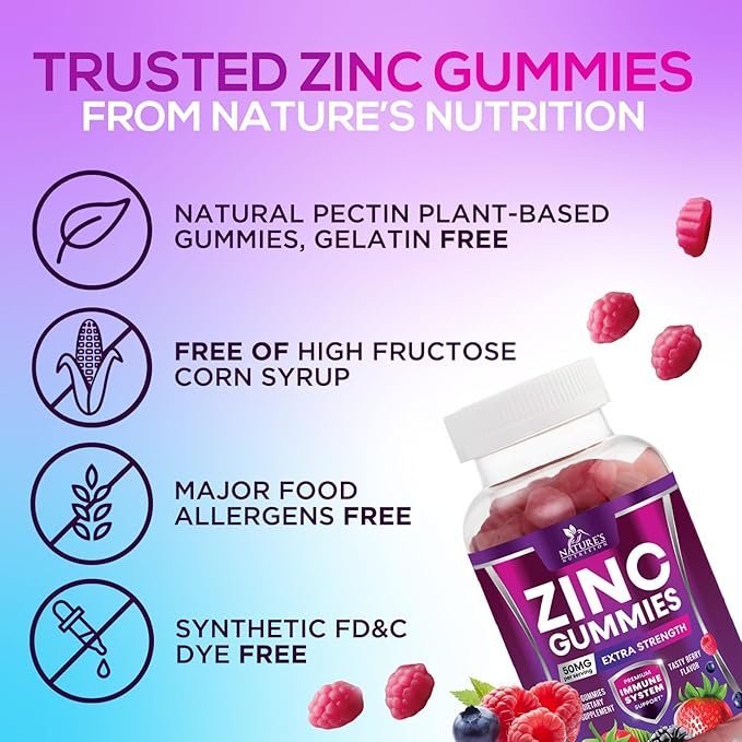 Zinc Gummies - 50mg Zinc Per Serving Immune Skin & Bone Support Health Gummy - Premium Antioxidant Chewable, High Absorption Vegan, Best Supplements Vitamin for Adults, Tasty Berry Flavor, 120 Gummies