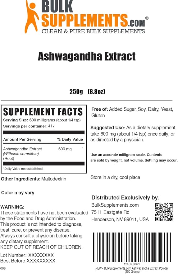 BulkSupplements.com Ashwagandha Root Extract Powder - Ashwagandha Supplement, Herbal Supplement - Vegan & Gluten Free, 600mg per Serving, 250g (8.8 oz) (Pack of 1)
