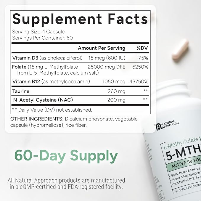 L-Methylfolate 15mg | 5-MTHF (Active B9) with Methyl B12, D3, NAC & Taurine | Premium Methylated Folate Supplement for Daily Use | Mood, Energy & Cognitive Support | 60 Capsules