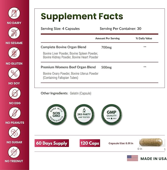 ForestLeaf Beef Organ Supplement for Women - Zero Fillers, Grass Fed Beef Organs Complex - 1200mg per Serving - Support Women's Energy & Overall Health - 120 Capsules