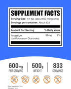 BulkSupplements.com Potassium Gluconate Powder - for Hydration Support, Mineral Supplement, Potassium 99mg - Gluten Free, 600mg per Serving, 500g (1.1 lbs) (Pack of 1)