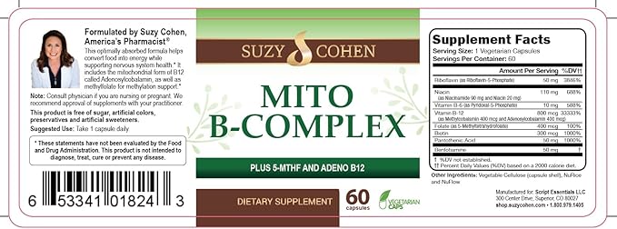 Script Essentials Suzy Cohen, Mito B Complex Dietary Supplement, 5-MTHF, Adeno B12, Methylation Support, Supports Healthy Nervous System, Boost Energy, Vitamin B, 60 Servings