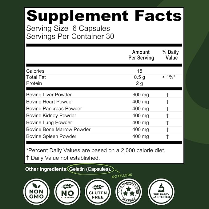 Beef Organ Supplement Grass Fed - 7 Beef Organs Complex from New Zealand - Liver Heart Pancreas Kidney Lung Spleen Bone Marrow - Non-GMO, No Fillers, Hormone & Antibiotic Free - Carnivore Diet - 180ct