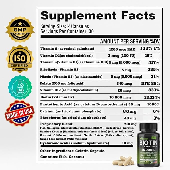 Biotin 10000mcg with Collagen Keratin Hyaluronic Acid - Hair Growth Vitamins for Women & Men - Hair Skin and Nails Vitamins with B Complex - 60 Capsules