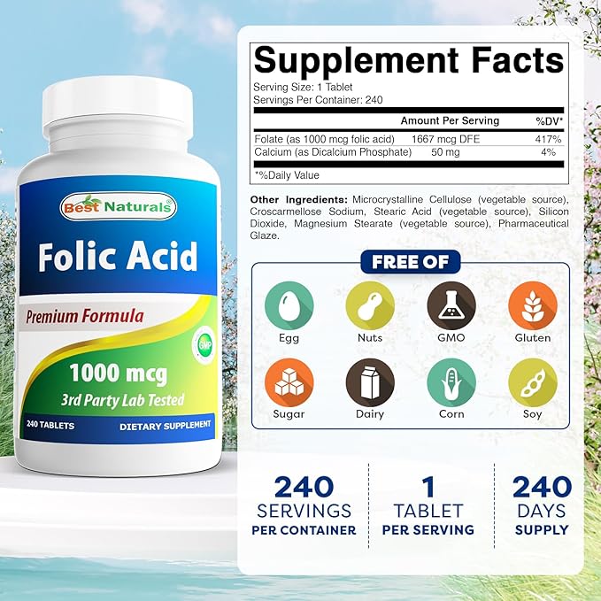 Best Naturals Folic Acid 1000 mcg (Vitamin B9), 240 Tablets