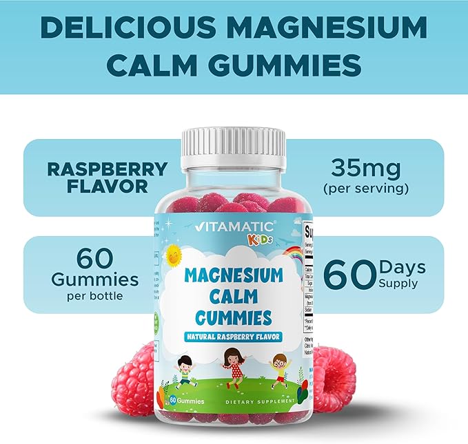 Vitamatic Kids Magnesium Calm Gummies - 60 Vegan Count - Great Tasting - Promote Healthy, Muscle, Bone, & Energy Support
