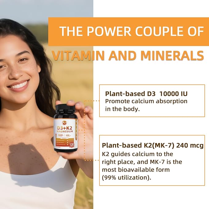 M inch Vitamin D3 K2 with Magnesium, Vitamin D3 10000 IU, Vitamin K2 MK-7 240 mcg, 6-in-1 K2 D3 Vitamin Supplement with Quercetin for Bone, Immune & Moo*d Support, Highly Bioavailable, 2 Packs