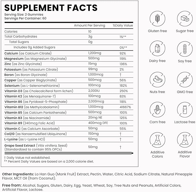 Calcium 1200 mg with Vitamin D3 Gummies, Calcium Citrate Supplements for Women & Men with Magnesium, Zinc, Vitamin D3 & K2, Potassium, Chews for Bone Strength & Muscle Support, Sugar Free, Vegan