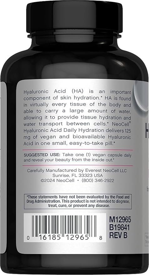 NeoCell Hyaluronic Acid Capsules | 60 Pills | 125 mg | Daily Hydration | Hair, Skin & Nails | Vegan Supplement
