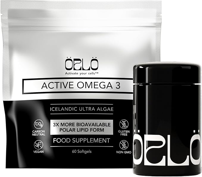 Orlo Vegan Omega 3 Algae Oil 1000mg - Natural Icelandic Nordic Omega-3 EPA & DHA Supplement - Fish Oil & Krill Alternative for Heart & Brain – 60 Easy-to-Swallow Burpless Mini Softgels & Jar