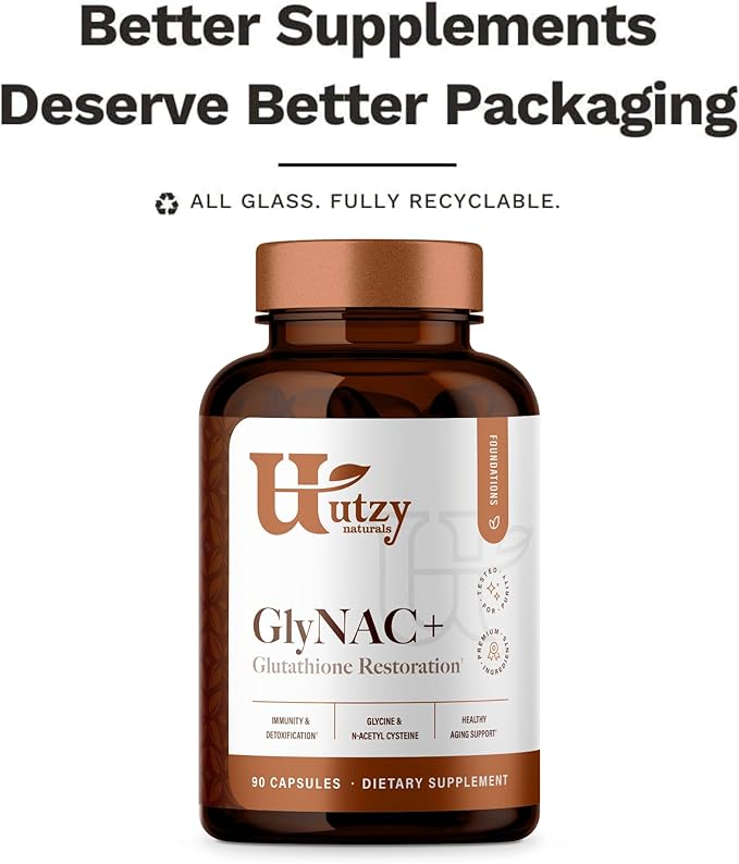 Utzy Naturals GlyNAC+ Supplement | 1,000mg of Glycine & NAC (N-Acetyl cysteine) | with Vitamin B2 Cofactor for Glutathione Production | 90 Capsules