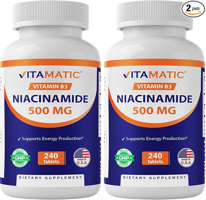 Vitamatic Niacinamide 500 mg 240 Tablets - Flush Free Vitamin B3 - Supports Energy Production (Pack of 2)