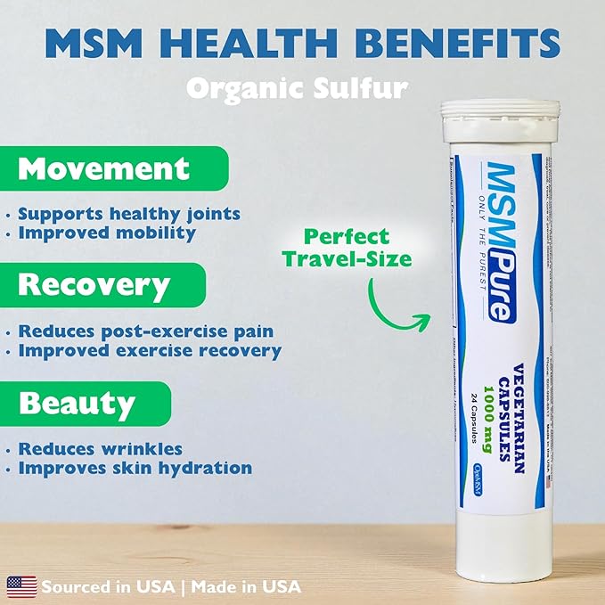 KALA HEALTH MSMPure MSM Vegetarian Capsules – 1,000 mg US-Made MSM per Capsule for Joint Health, Skin Appearance, Hair & Nail Support – 24 Count Travel Size, Organic Sulfur