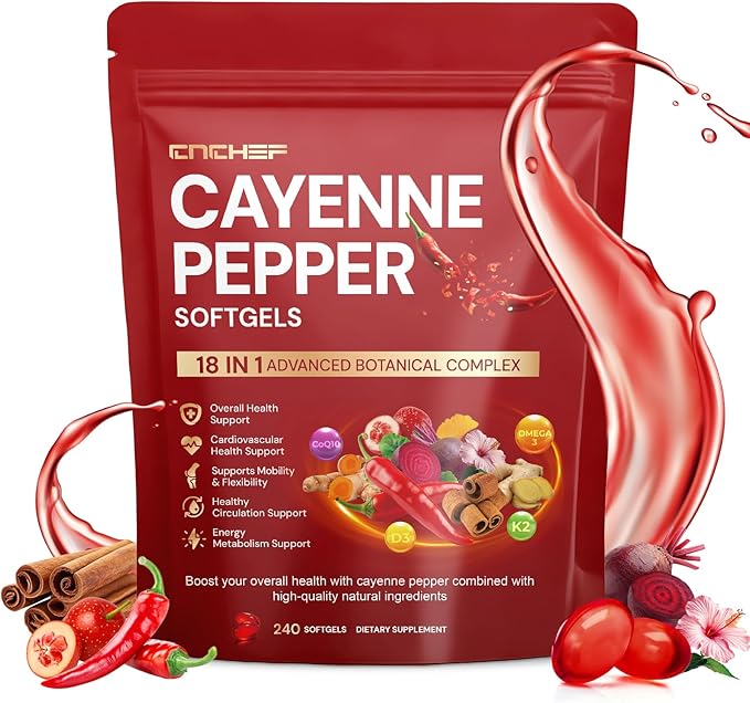 Cayenne Pepper Softgels Supplement, Cayenne Pepper Capsules with VitaminD3+K2,Berberine, Q10, Omega-3, Turmeric, Hawthorn, Beetroot, Supports Leg Vein, Digestive & Heart Vessel Health, 240 Softgels