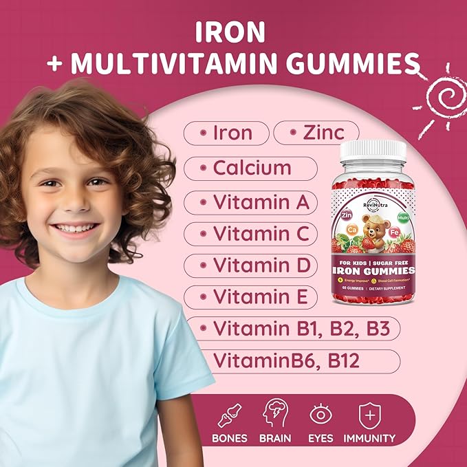 Iron Supplement Gummies for Kids - with Calcium, Zinc, Kids Multivitamin with Iron Gummies - Immune Support, Blood Builder & Energy Support for Iron Deficiency, Anemia, Vegan - 60 Count
