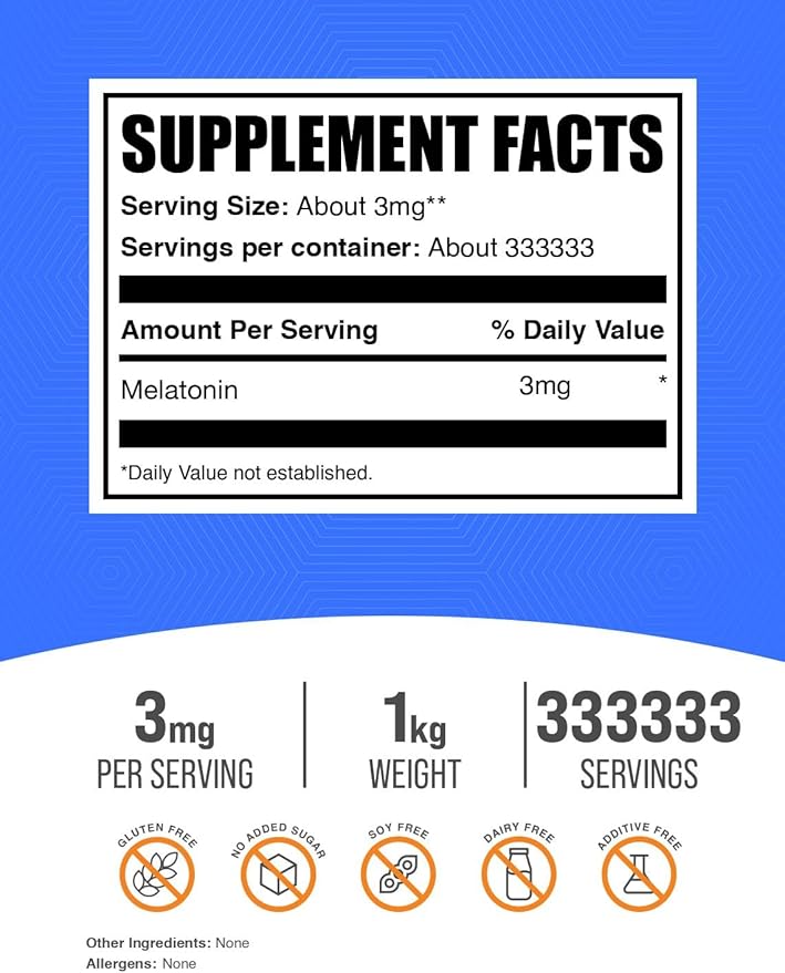 BulkSupplements.com Melatonin Powder - Pure Melatonin, Sleep Aid for Adults - Vegan & Gluten Free, 3mg per Serving, 1kg (2.2 lbs) (Pack of 1)