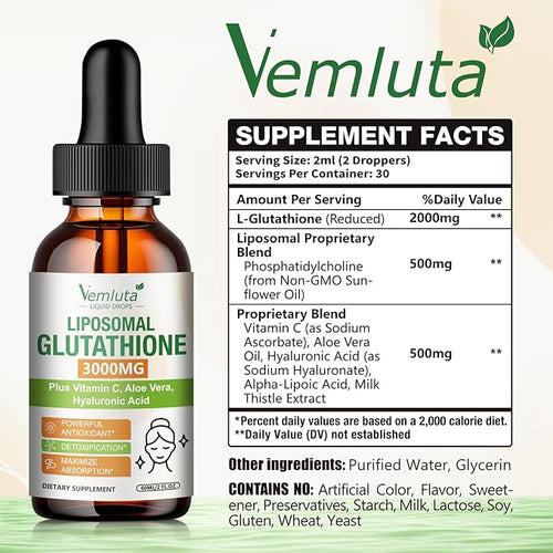 1 Pack 3000mg Liposomal Glutathione Liquid Drops, 98% Absorption Liposomal Glutathione with Vitamin C for Women, Glutathione Liposomal Supplement, Powerful Antioxidant Complex for Immune System, Liver