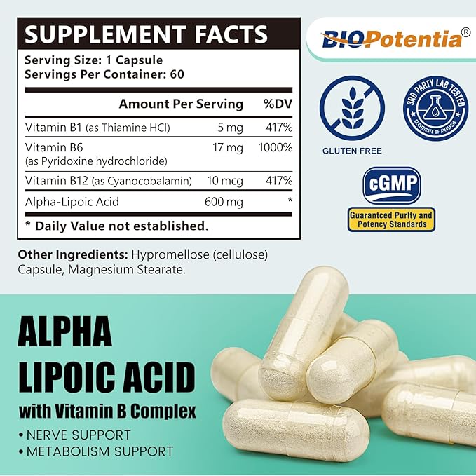 Alpha Lipoic Acid 600mg Per Serving - ALA Supplement with Vitamins B1, B6 & B12 - Supports Antioxidant Activity, Metabolism & Nerve Health | Non-GMO - 60 Capsules