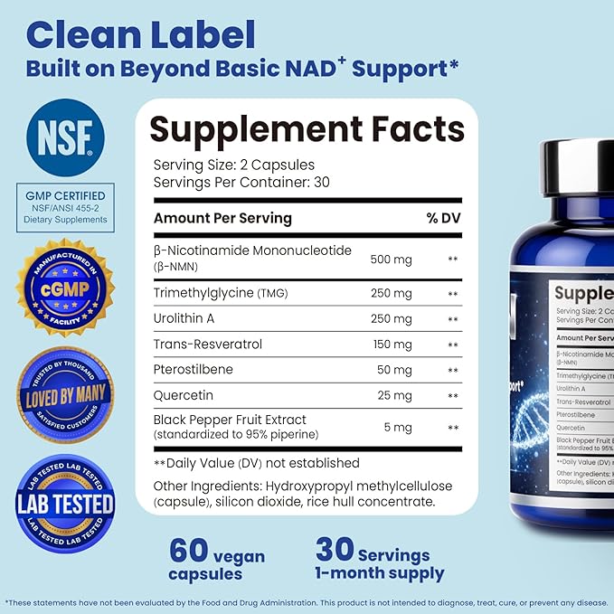 NMN NAD Supplement with Resveratrol – 1230mg Multi-Ingredient NMN Formula with TMG, Urolithin A & Quercetin, Daily Capsules for Women & Men, mnm Supplement, 60 Count