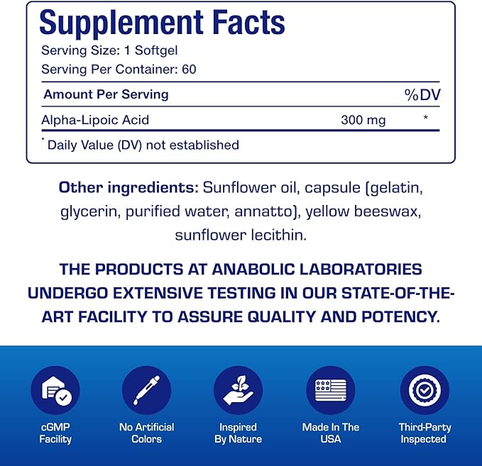 Alpha Lipoic Acid 300mg - Clinical Formula ALA Supplement for Liver Eye Brain Mitochondria Energy Antioxidant & Nerve Support - Non-GMO Soy Free & Easy to Swallow Softgels - 60 Servings