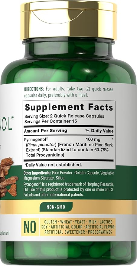 Carlyle Pycnogenol 100mg | 30 Capsules | French Maritime Pine Bark Extract | Pinus Pinaster | Non-GMO and Gluten Free Supplement