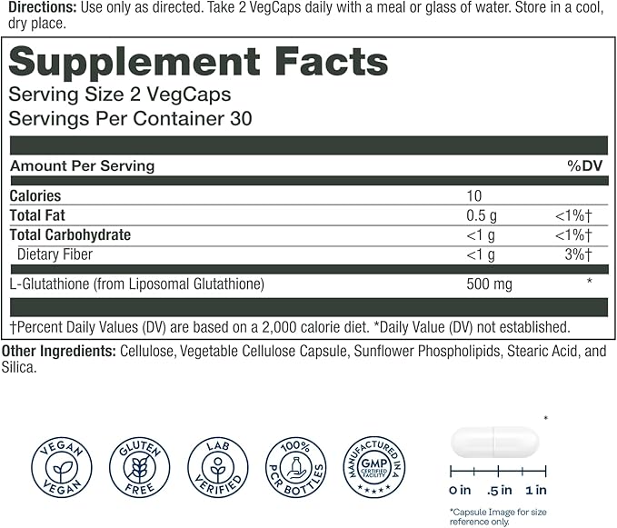 SOLARAY Liposomal Glutathione 500 mg - Antioxidant and Immune Support Supplement - Detoxification and Liver Support - Liposomal Glutathione Supplement - Vegan and Gluten Free - 30 Servings, 60 VegCaps