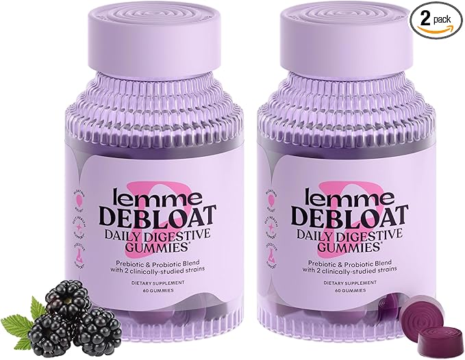 Lemme Debloat - Digestive & Gut Health Gummies with 2 Clinically Studied Probiotics & Prebiotic, Vegetarian, Gluten Free, Non GMO, BlackBerry Flavor (60 Count) (Pack of 2)