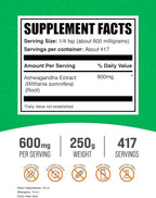 BulkSupplements.com Ashwagandha Root Extract Powder - Ashwagandha Supplement, Herbal Supplement - Vegan & Gluten Free, 600mg per Serving, 250g (8.8 oz) (Pack of 1)